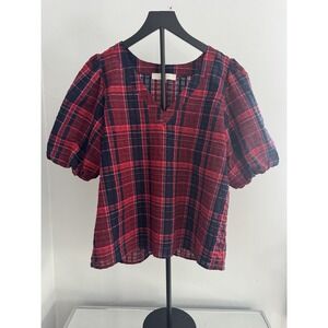 LOFT Red & Navy Plaid Romantic Cottagecore Puff Sleeve V-Neck Blouse Women's M